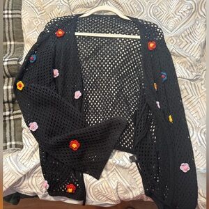 Crochet floral tie cardigan